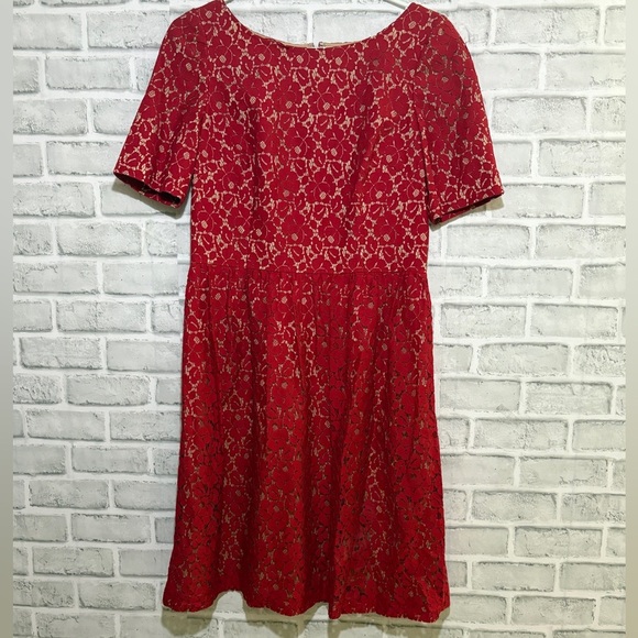 Adrianna Papell Midi Dress Lace Overlay Ruby Red Flare Holiday Event Size 8 - Picture 1 of 8